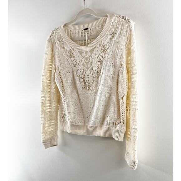 Free People Cotton Crochet Long Sleeve Crewneck Sweater Ivory Large - Picture 9 of 10